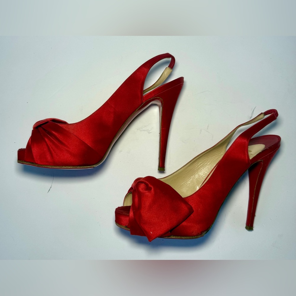 Christian Louboutin Satin Bow Accents Slingback Heels 41 EUC